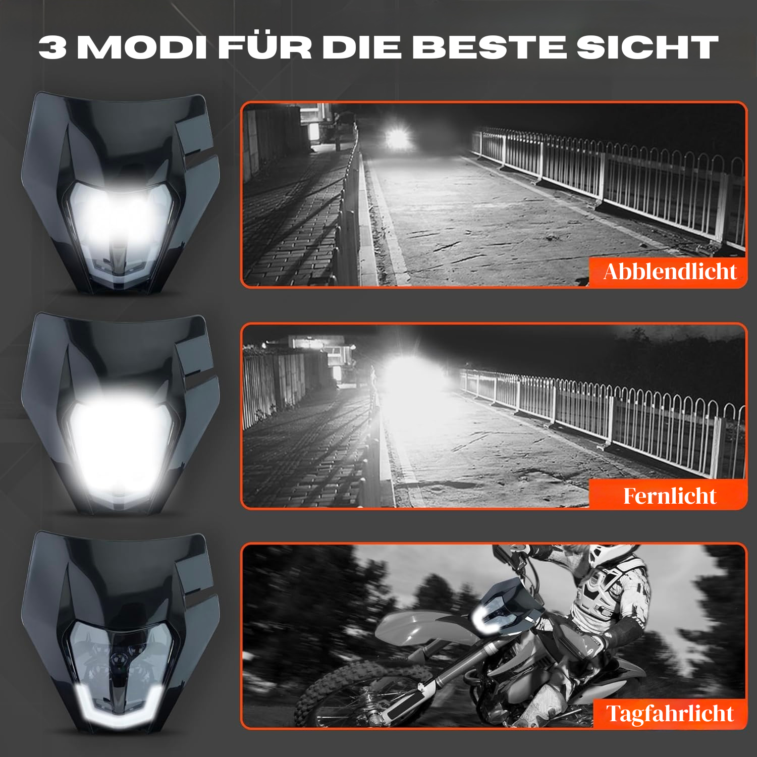 LED Scheinwerfer KTM EXC/SMCR mit drei Leuchtmodi Abblendlicht Fernlicht und Tagfahrlicht
